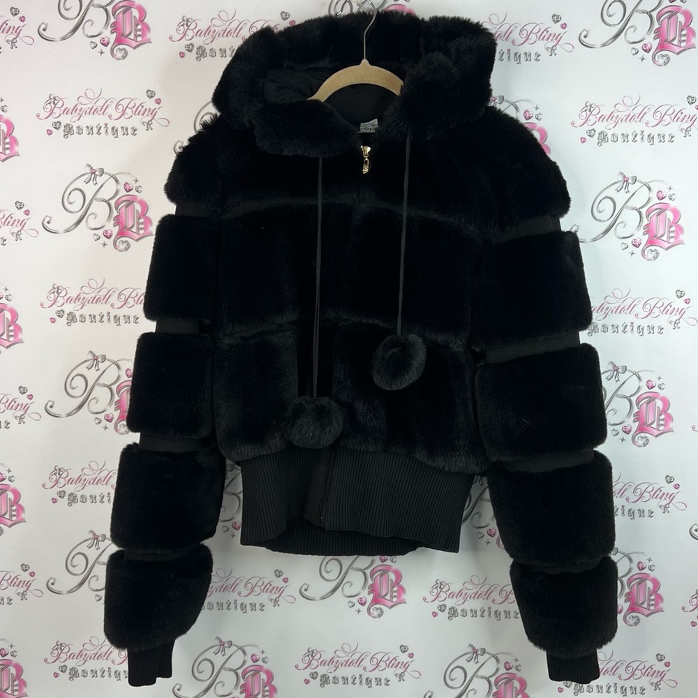 Bebe jacket fur faux furry tiered Pom Poms puffs Luxurious Black Faux Fur Jacket